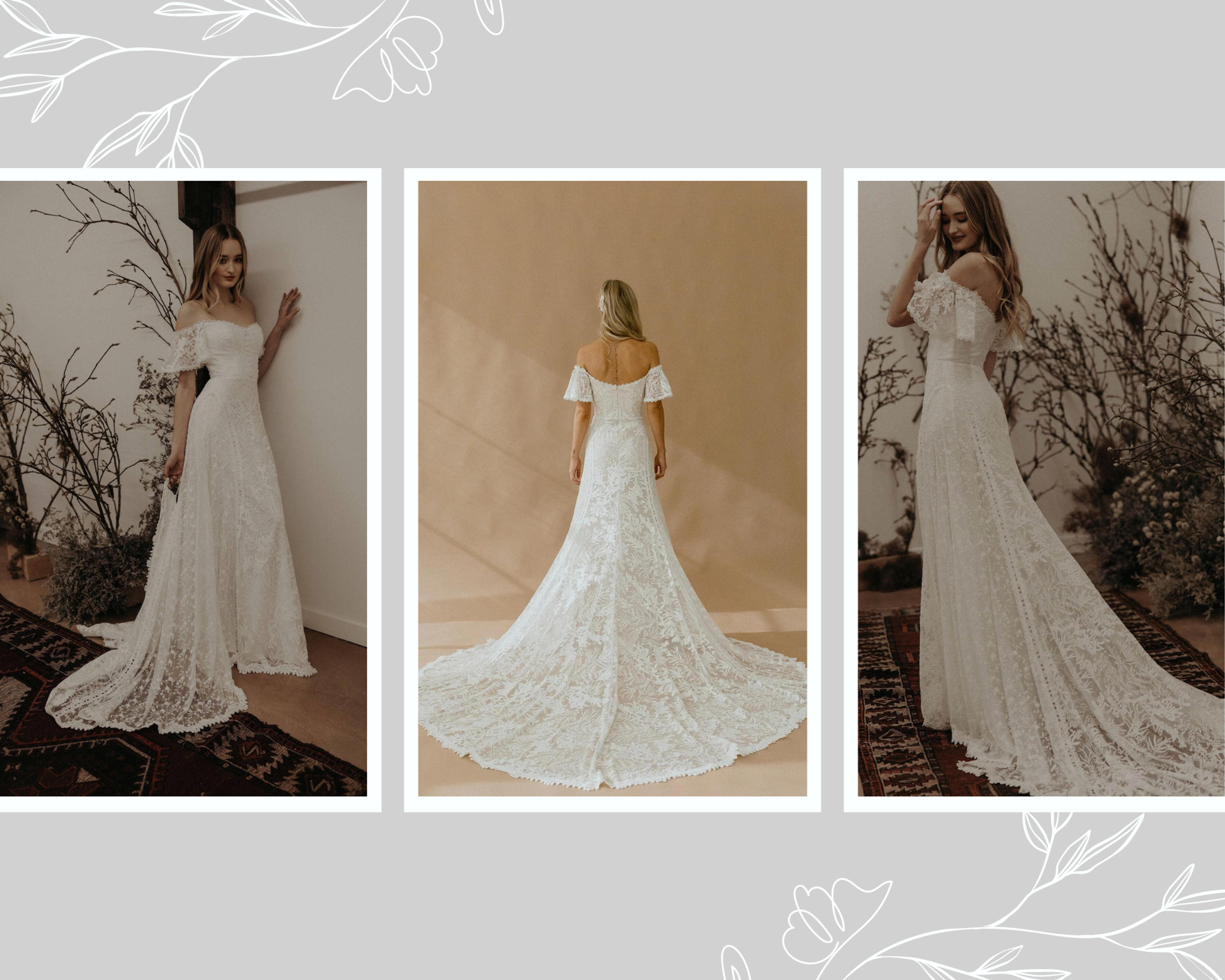 Ruth Off-Shoulder Flowy Lace Wedding Dress | Dreamers and Lovers