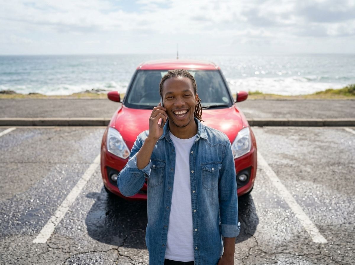 A smiling car owner on a phone call in front of a red car.