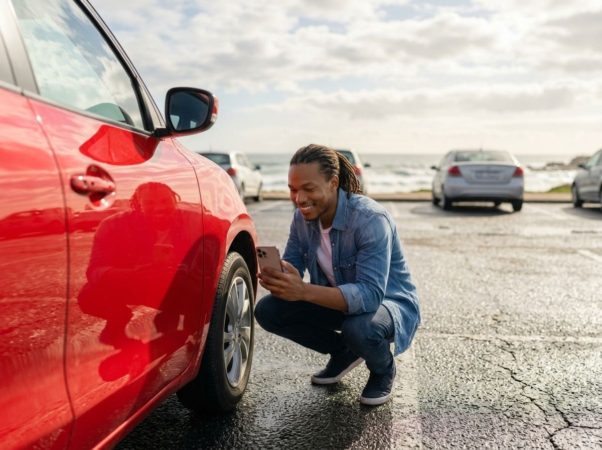 A car owner crouching beside the front wheel of a red car, looking at a phone.