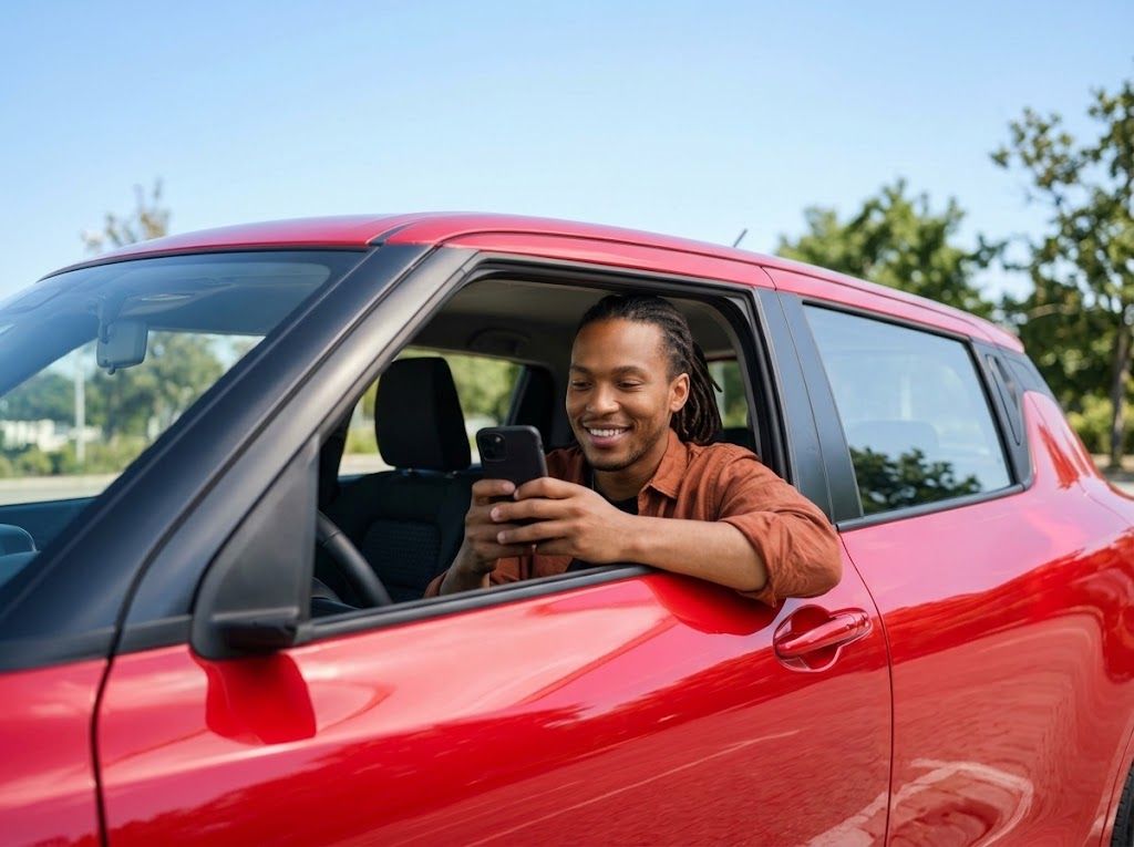 A car owner sitting in a red car, smiling at a phone.