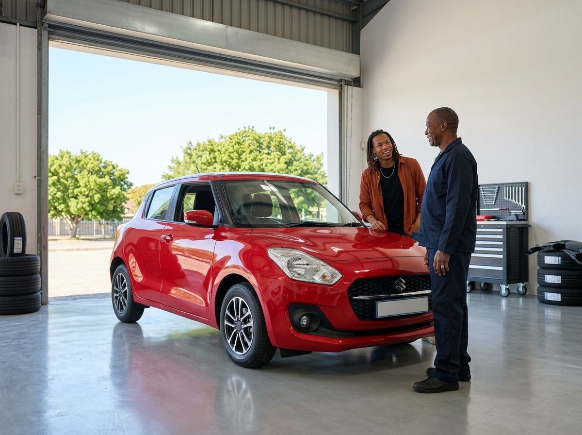 A mechanic talking to a car owner beside a red car in a workshop.