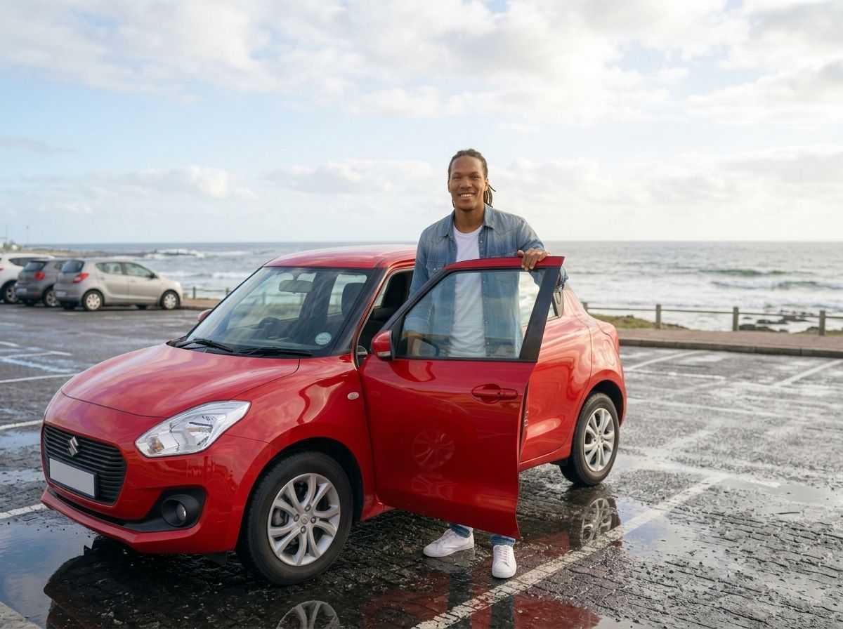 A car owner standing at the open door of a red car in a seaside car park.
