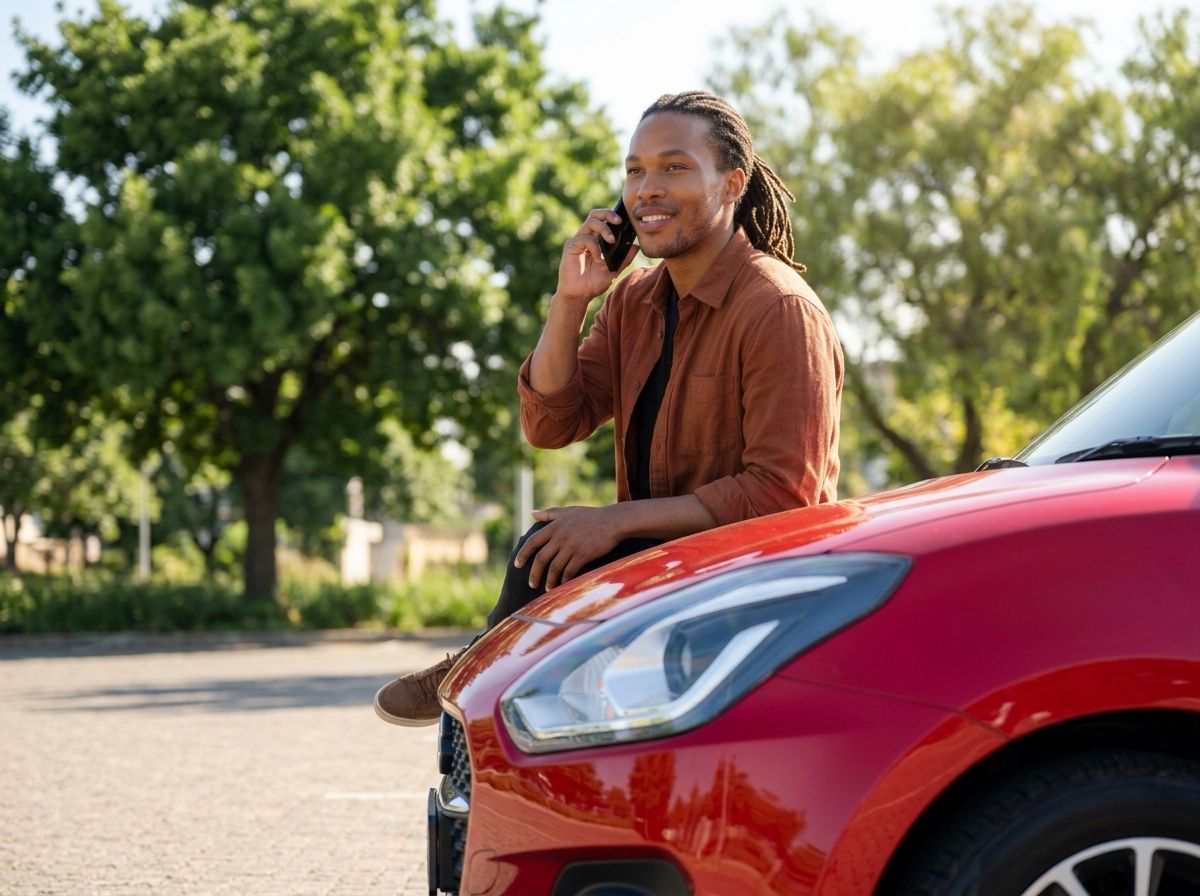 A car owner on a phone call, leaning against the bonnet of a red car.
