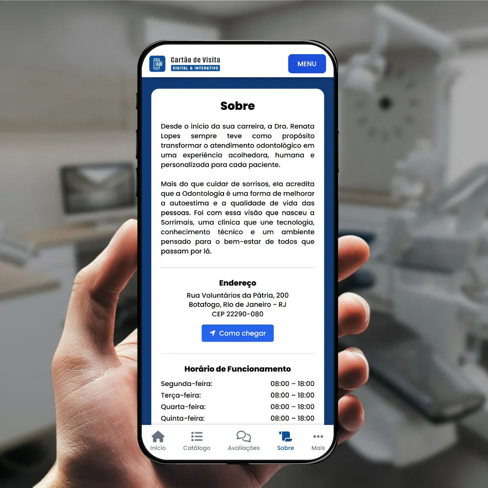 cartão de visita digital dentista sobre Imagem exibindo a tela de sobre do cartão de visita digital para dentista