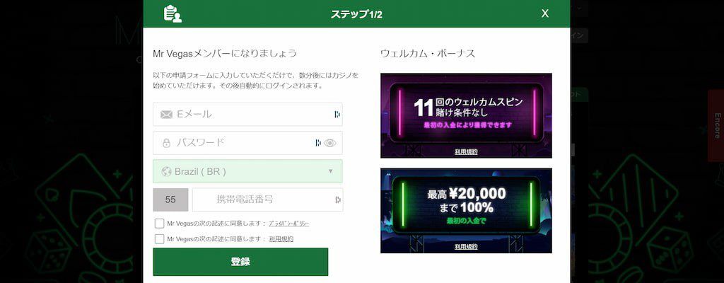 ミスターベガスの登録画面