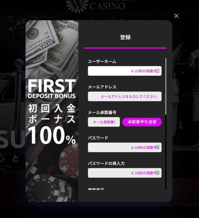ワンダーカジノの登録画面