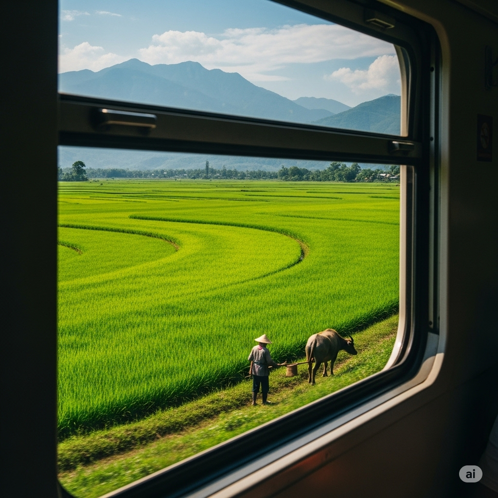 A photo taken from inside a train car window. The focus is on the stunning exterior view: a vibrant green rice paddy with mountains in the distance, perhaps with a farmer and a water buffalo. The edge of the window frame gives a sense of journey and perspective.