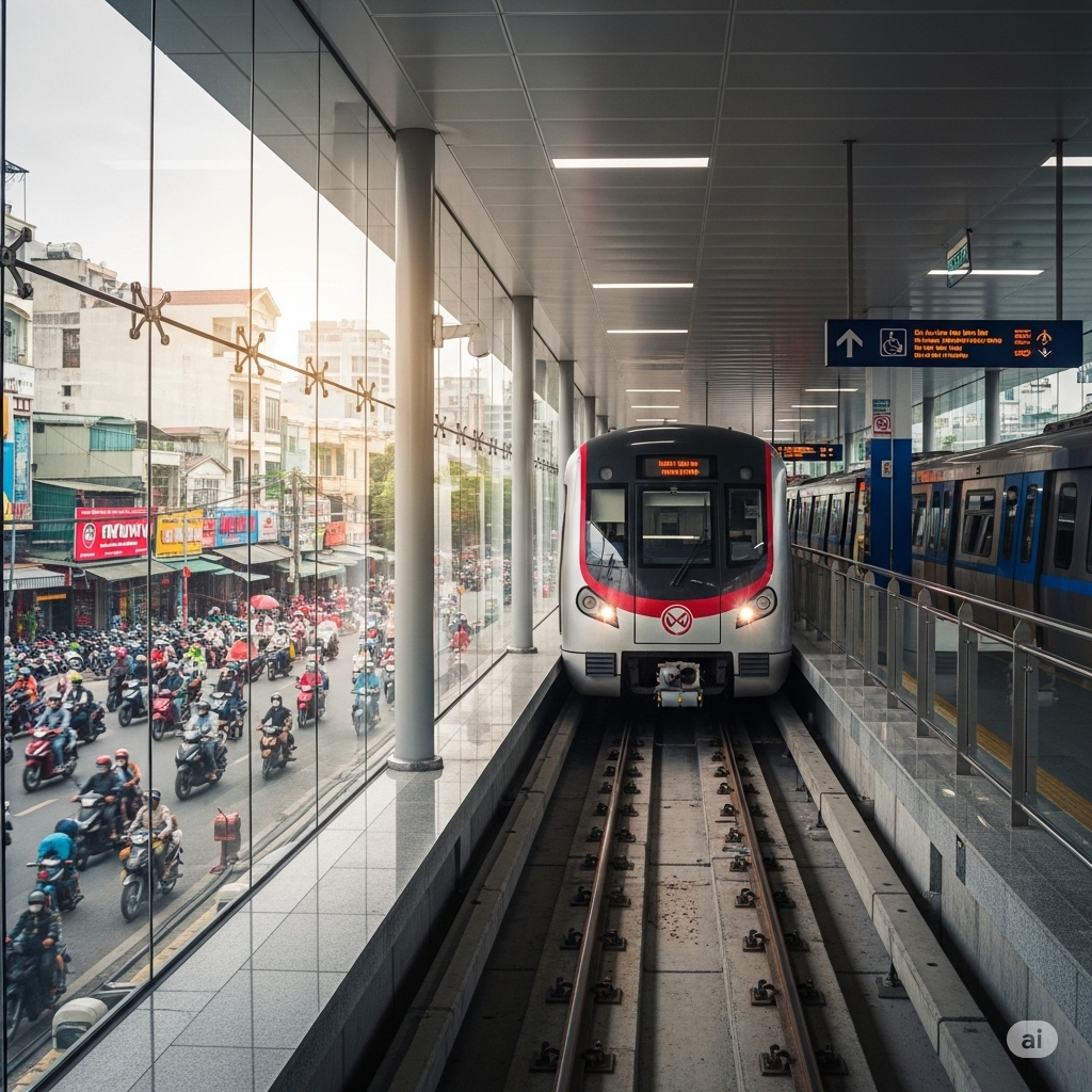 A shot showing a sleek, modern metro train pulling into a clean, new station in Hanoi or Ho Chi Minh City. Through the station's glass walls, the chaotic, motorbike-filled street outside is visible, creating a powerful contrast between the old and new methods of transport.