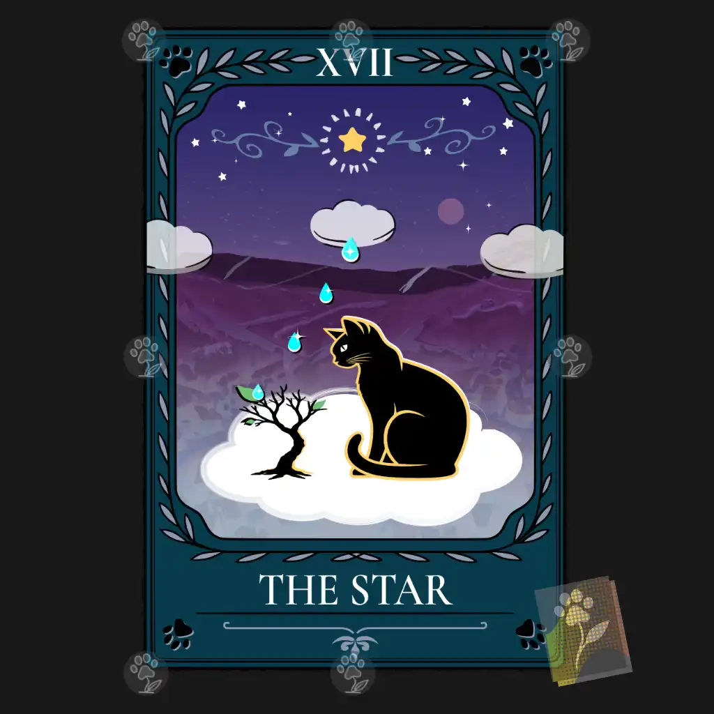 Digitally illustrated black cat resting on a cloud with a growing tree beneath a bright star and purple mountains.