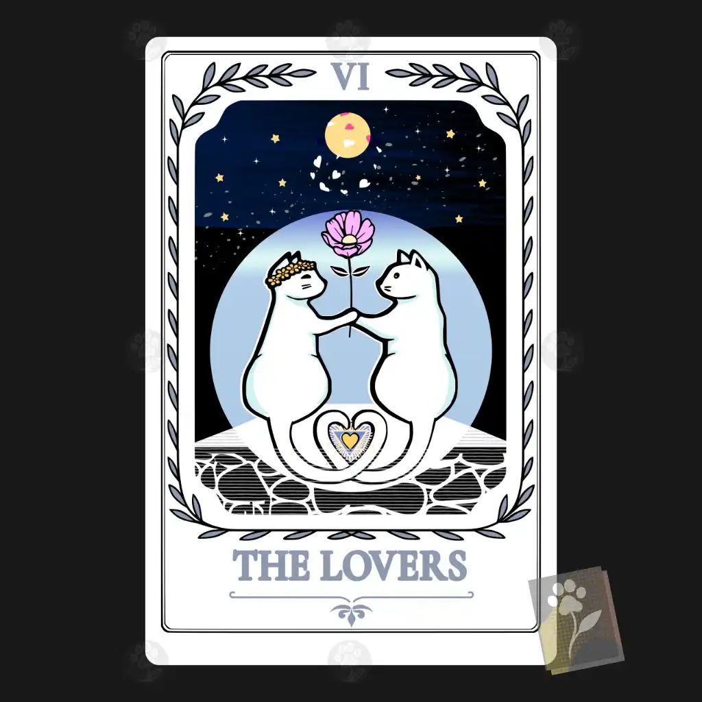 Two white cats with a bright pink flower before a glowing blue circle in tarot card