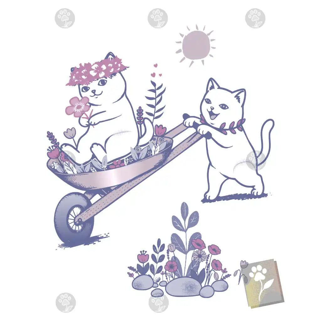 Digitally illustrated two cats riding in a flower-filled garden cart with hearts and a bright sun.