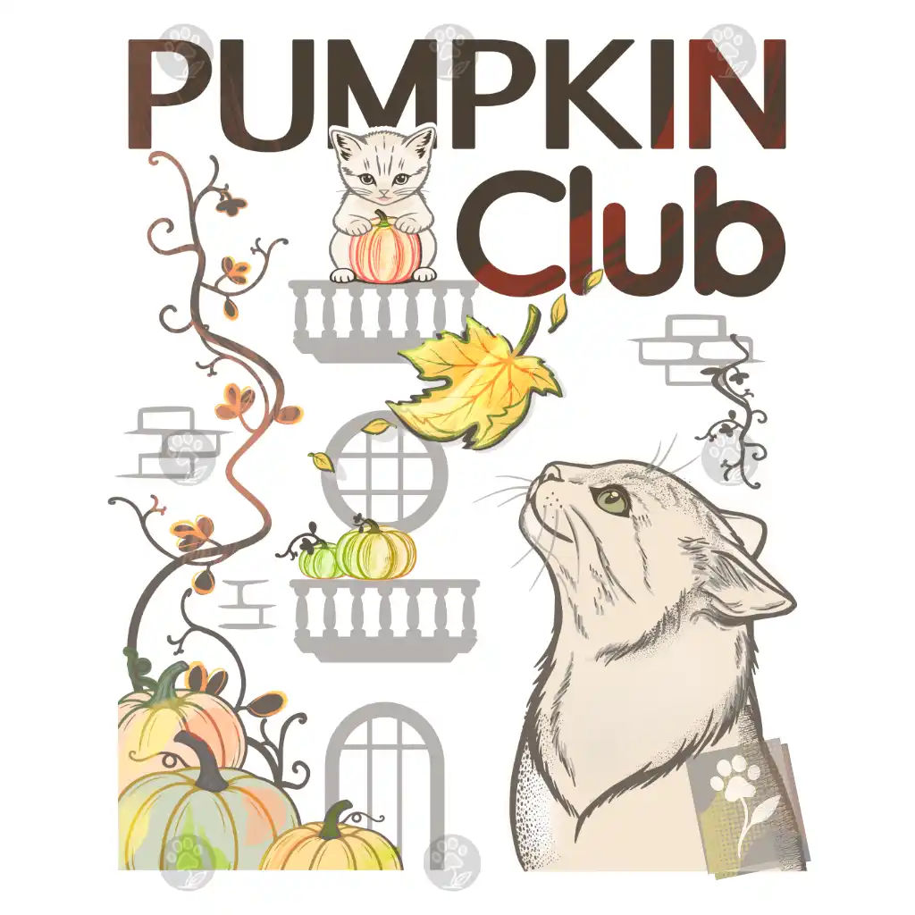 Digitally illustrated kitten holding a pumpkin beside a cat watching a falling maple leaf beneath Pumpkin Club lettering.