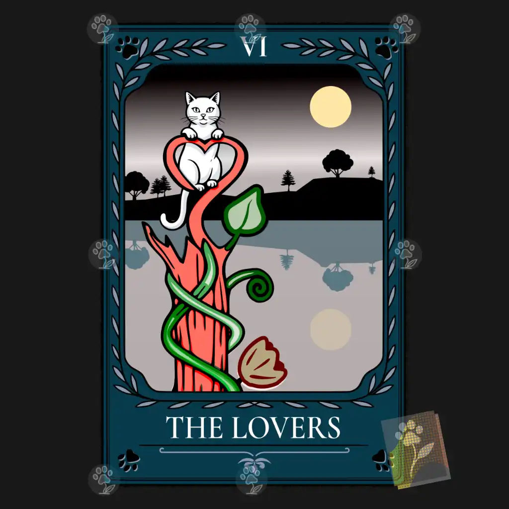 Digitally illustrated white cat resting inside a heart-shaped tree growing above a still lake with its reflection below.