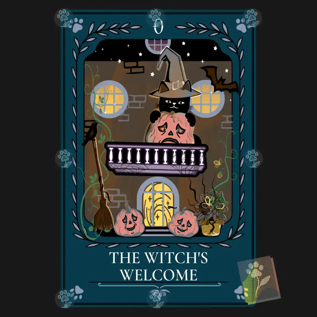 Digitally illustrated black cat in a witch hat holding a pumpkin on the balcony of a glowing storybook house.