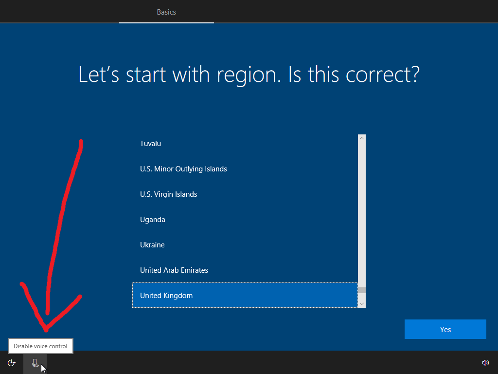 Disable voice input in Windows 10 setup