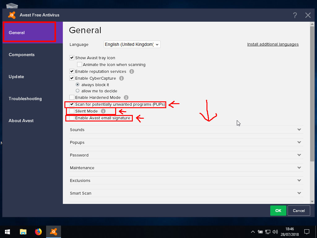 Configure Avast's settings