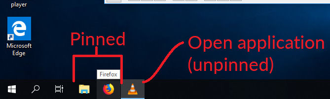 Pinned items on the taskbar allow you to quickly open an application