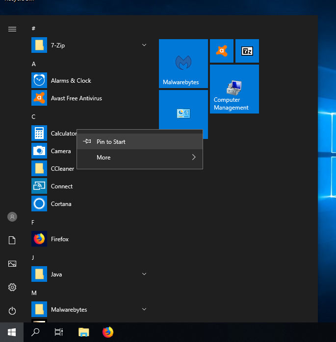 Pinning applications to the Start Menu as tiles