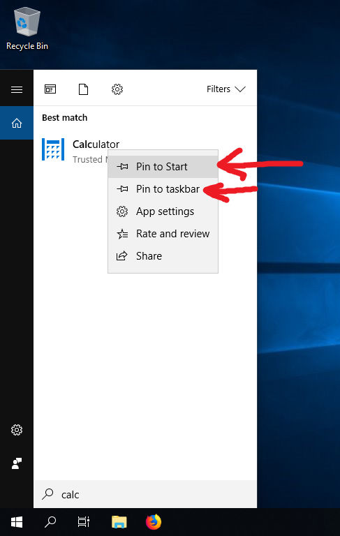 Pinning items through Windows Search by right clicking or pressing the menu key