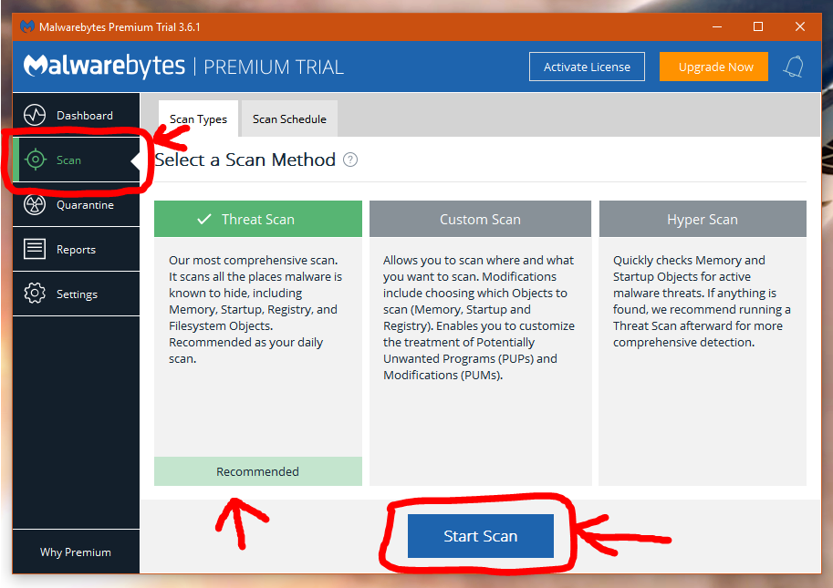 Start a threat scan in Malwarebytes to remove unwanted Windows 10 bloatware