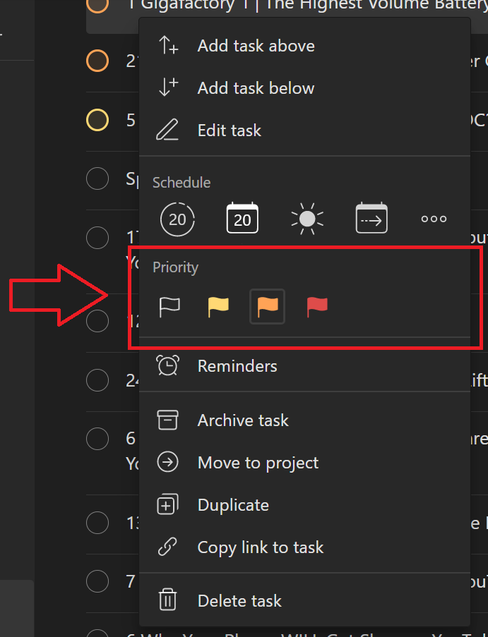 A task's priority can be modified in the context menu