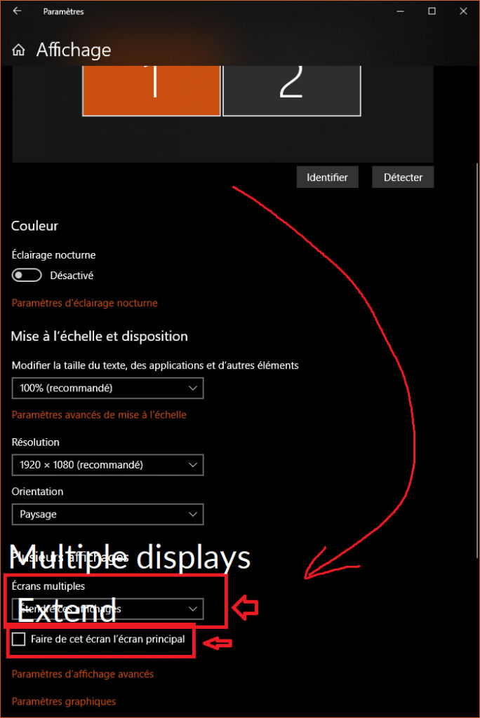 You can configure extended displays in Display Settings and set the primary display