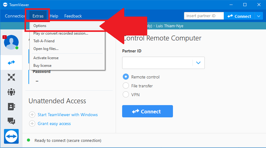 The TeamViewer Options can be accessed from the Extras menu
