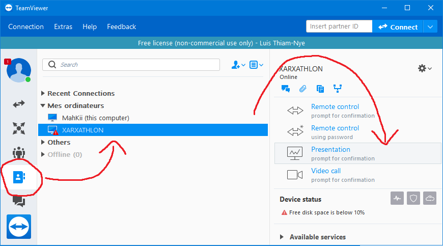 Begin a TeamViewer presentation from the host computer to turn a laptop into a monitor