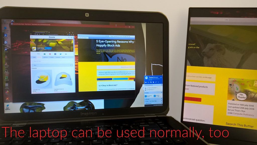 A laptop can be used normally and as a second monitor with TeamViewer