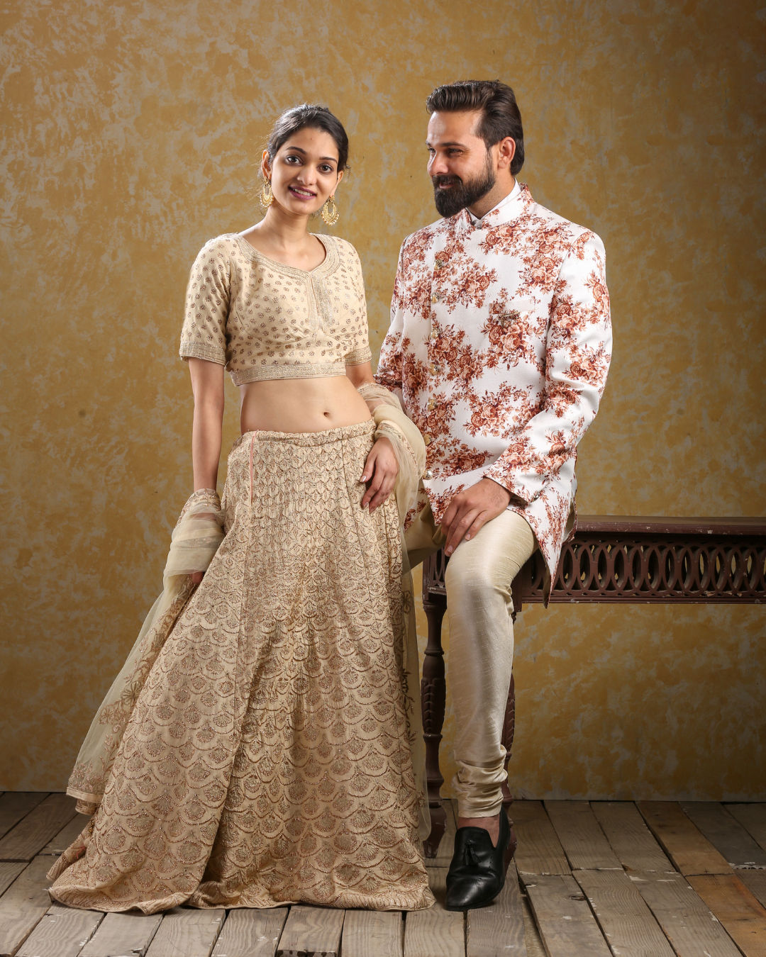 Red floral indo-western and golden lehenga