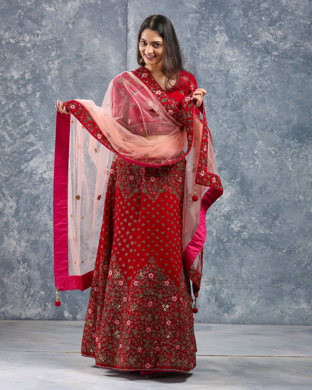 Heavy red and pink floral lehenga