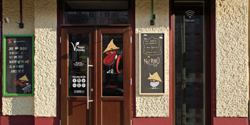 Entrance to the restaurant with welcoming sign