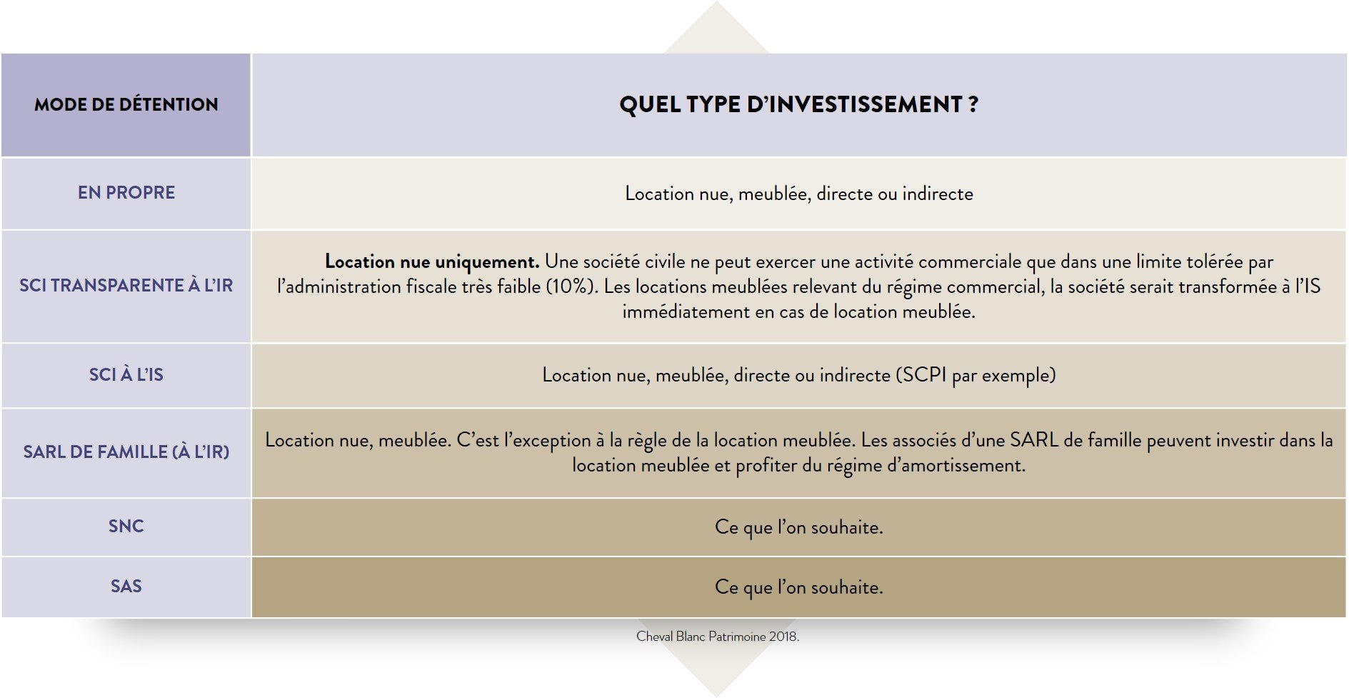 Véhicule d'investissement : quel type d'investissement - TABLEAU