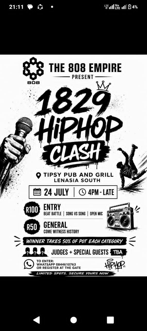 1829 hip hop clash | 24th July 2026 at 4:00 PM | Lenasia South