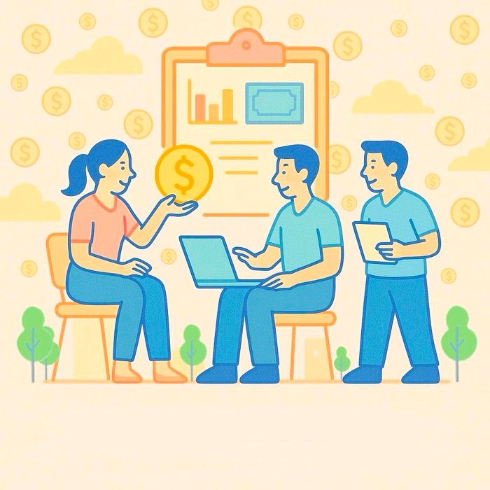three people discussing fees