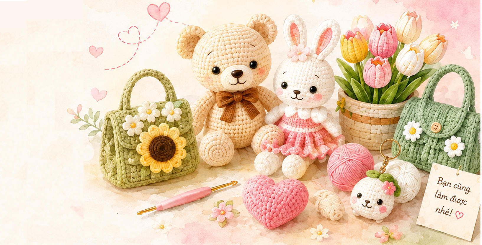 Bảng kỹ thuật móc len cơ bản: thú bông, hoa và túi xách móc len