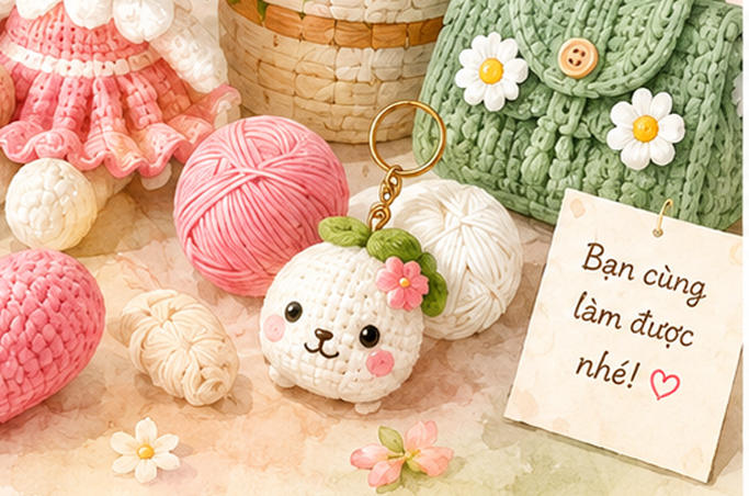 Yarn, cuộn len và móc khóa thỏ con móc len