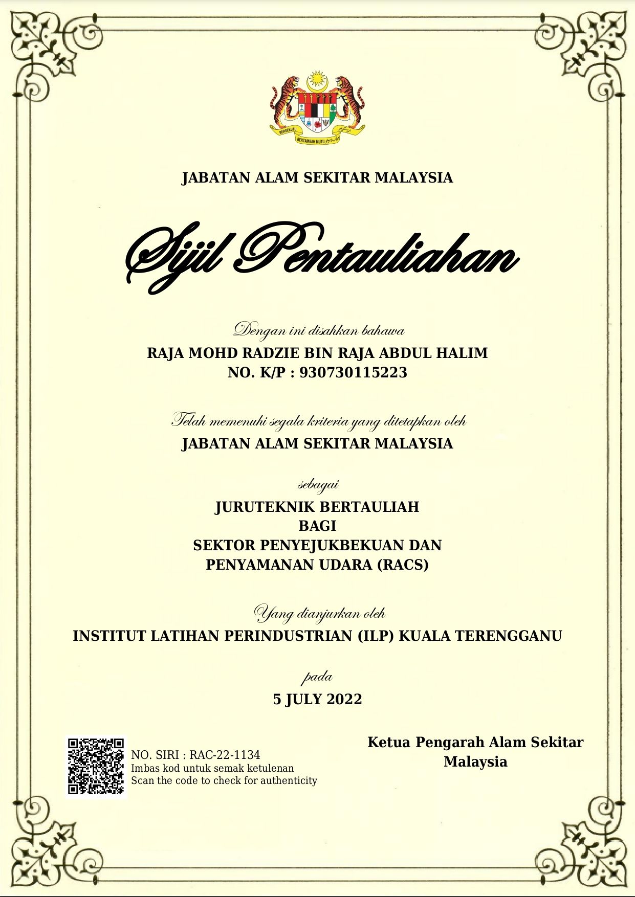 Sijil alam sekitar Rz Aircond