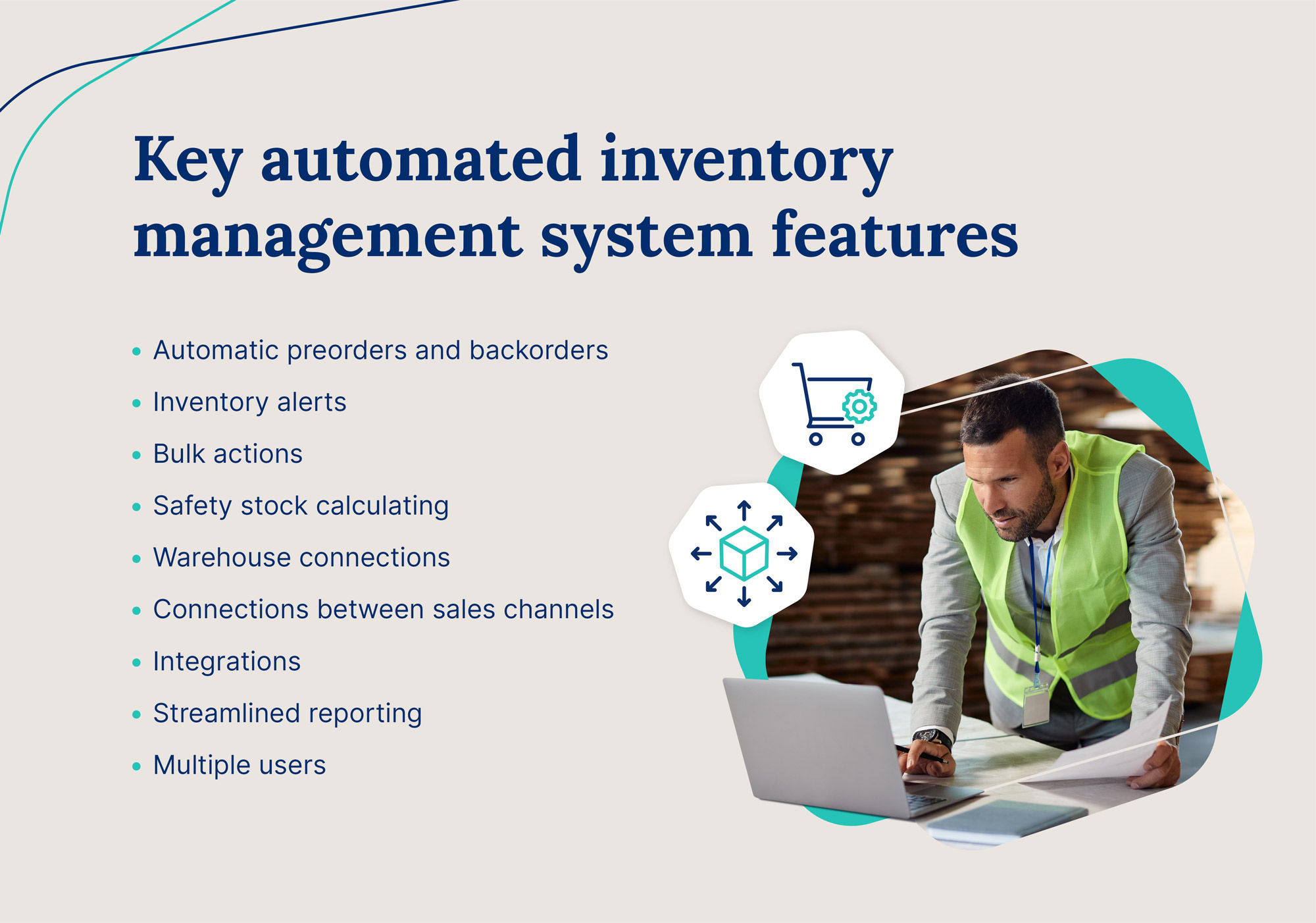 A man in a reflective vest works on a computer alongside a list of key features that are included in an automated inventory management system.