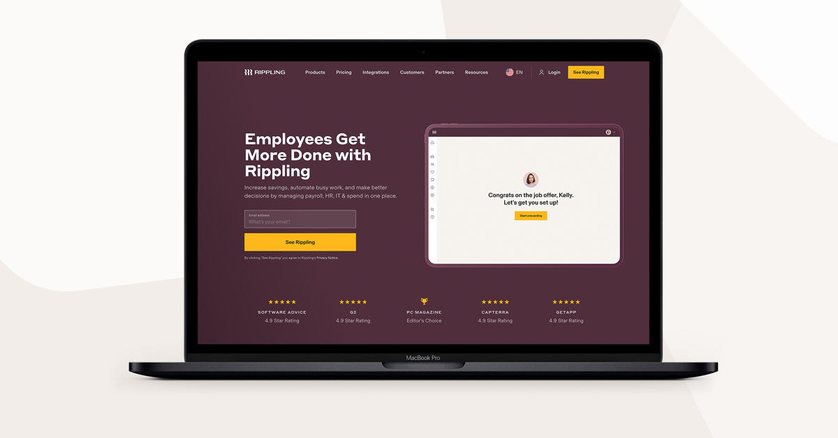 The Rippling homepage highlighting its services for managing payroll, HR, IT, and invoicing.