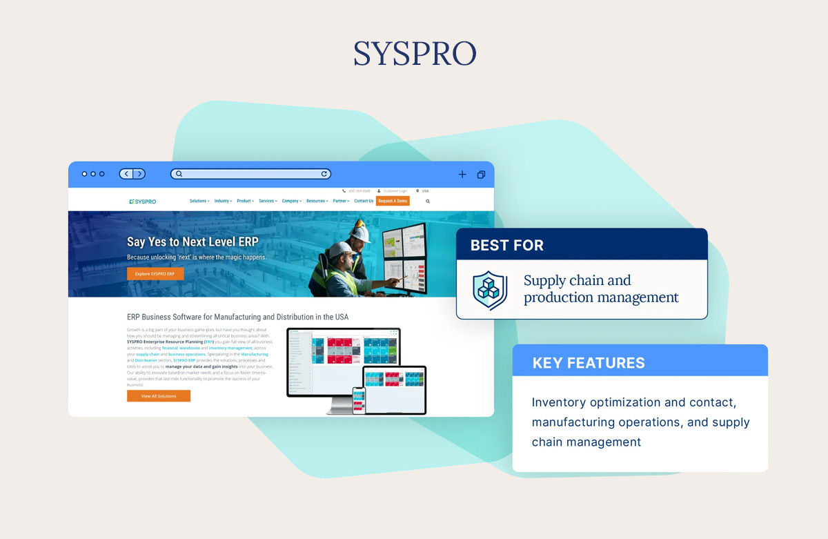 The SYSPRO homepage highlighting its Enterprise Resource Planning services.