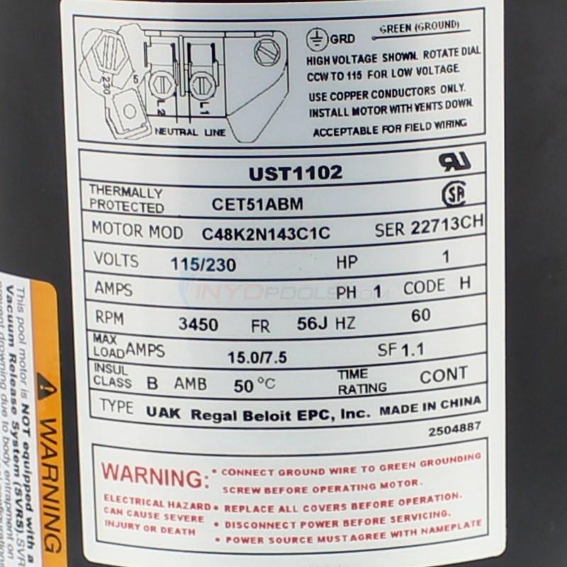 century-ust1102-1 - DIY Pool Resources - INYOPools.com Century 1.0 HP Up Rate Motor, Round Flange 56J Frame, Single Speed - Model UST1102
