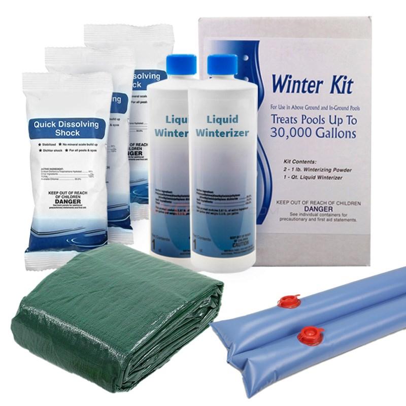 Pool winterizing kit with two bottles labeled 'Liquid Winterizer', several 'Quick Dissolving Shock' packets, a green tarp, blue pool pillows, and a 'Winter Kit' box (for treating pools up to 30,000 gallons).