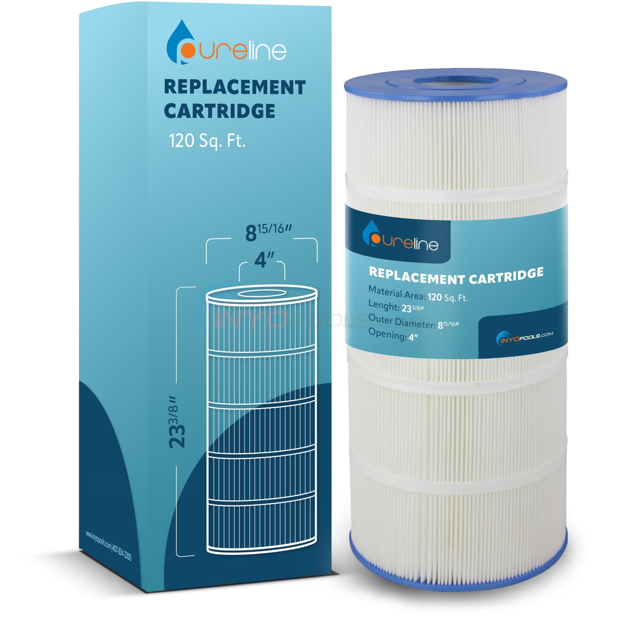 Replacement cartridge and filter box set for pool systems; 120 sq ft capacity, 8 15/16" x 4" cartridge shown next to blue box labeled Pureline Replacement Cartridge 120 Sq. Ft.