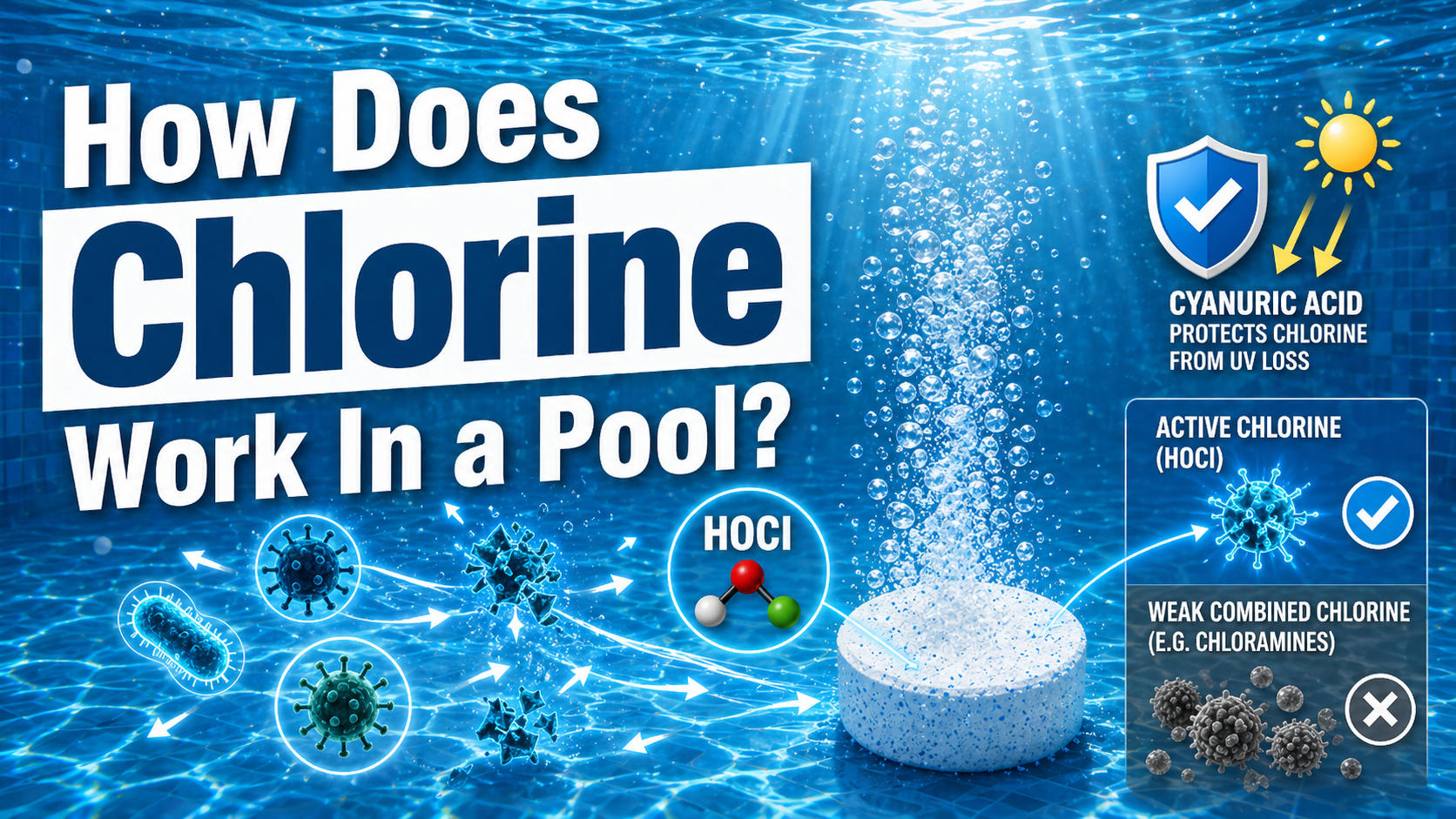 How-does-chlorine-work - Diy Pool Resources - Inyopools.com Infographic explaining how chlorine works in pool water, highlighting HOCl and UV protection in the scene.