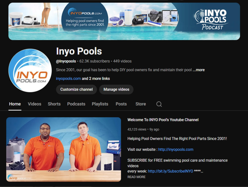 YouTube channel header for Inyo Pools featuring their logo and pool gear, plus a profile image of two men in orange shirts at a workbench.