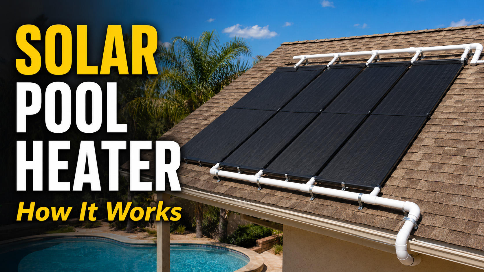 Solar-pool-heater - Diy Pool Resources - Inyopools.com Rooftop solar pool heater installation with dark solar panels on shingles and the title 'SOLAR POOL HEATER' with 'How It Works' caption in yellow text