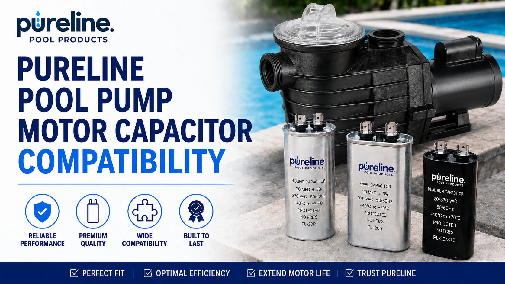 Banner showcasing Pureline pool products: large text about pump, motor, capacitor compatibility with a pool pump and three capacitors beside the pump by a poolside.