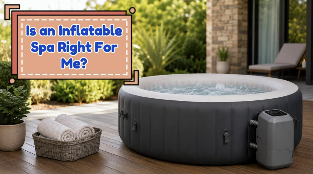 Inflatable Spa Image - Diy Pool Resources - Inyopools.com Inflatable gray hot tub on a wooden deck with a sign reading 'Is an Inflatable Spa Right For Me?' in the foreground.