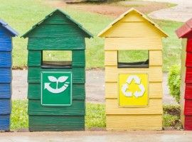 Blue, green, yellow and red bins on stand near footpath.